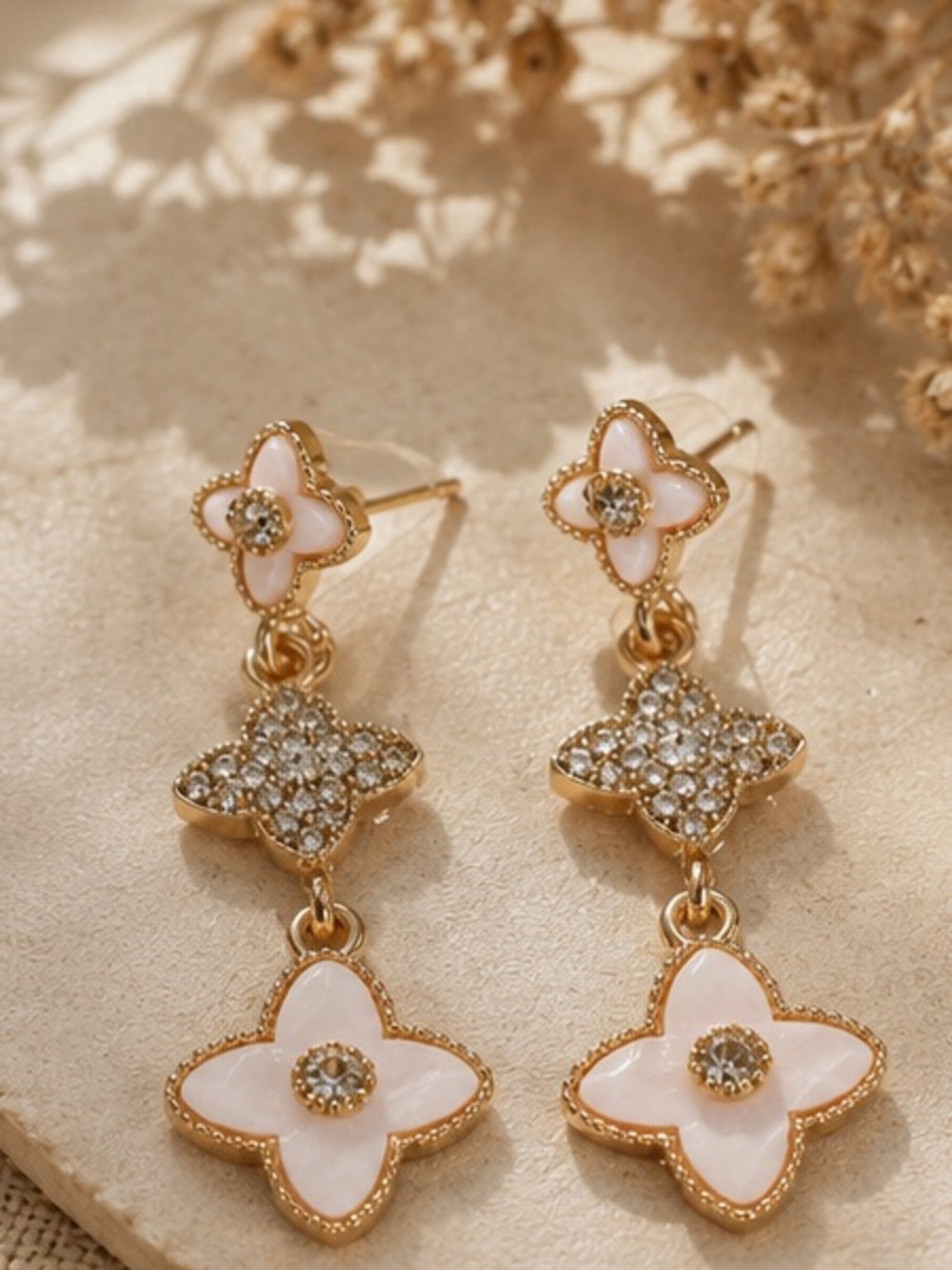 Gold Pink Enamel Crystal Flower Drop Earrings Designer Inspired